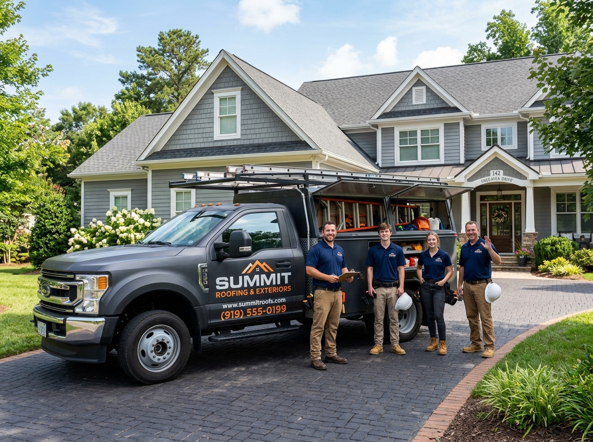 Professional gutter service truck and crew