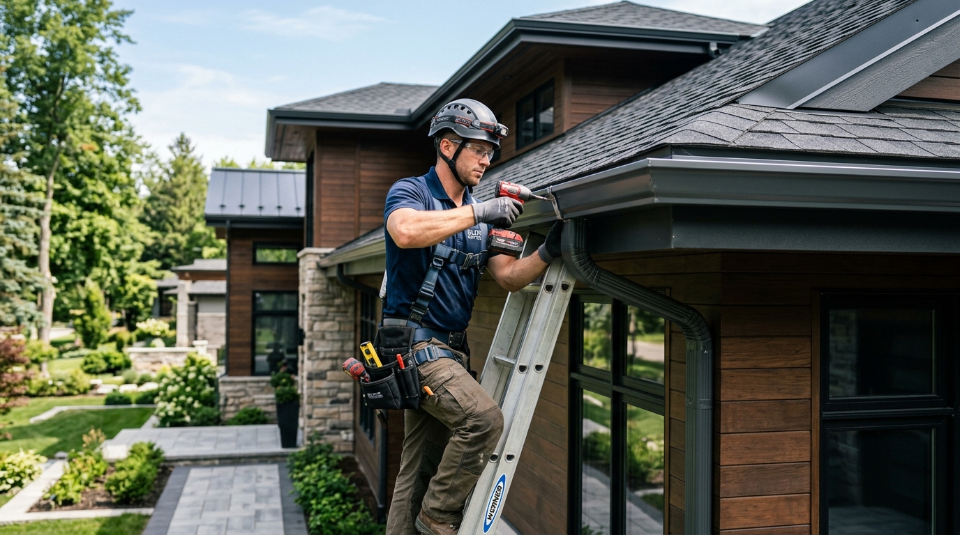 Professional seamless gutter installation on a modern home